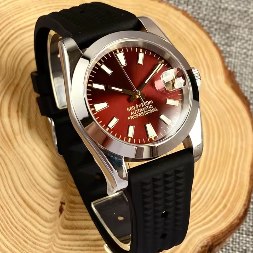 Ruby Red Dive Watch, 38mm Sunburst Dial, AR Domed Sapphire, NH35A Auto Movement, 200m Water Resist, 316L Brushed Case