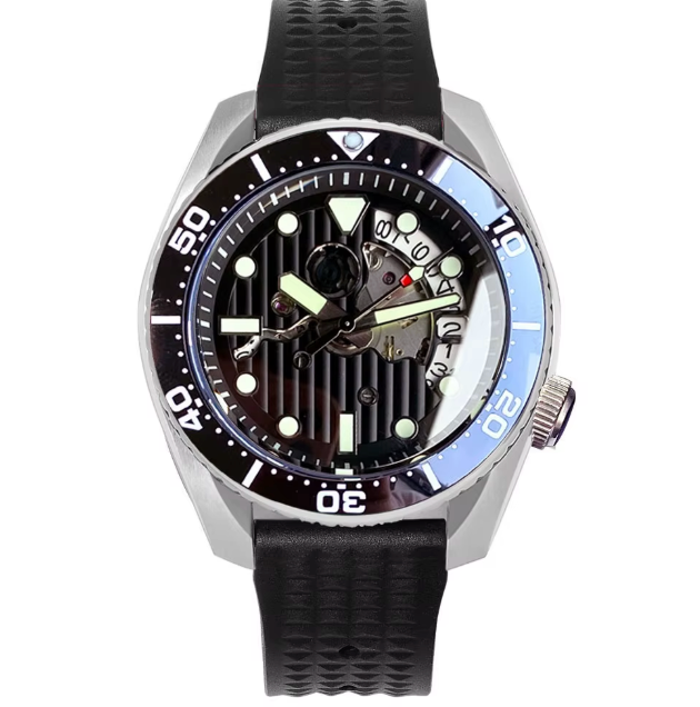 Skeleton Date Wheel, Seiko NH35 Movement, Black Waffle Band, 42.5mm Case, 200m Water Resistance, Sapphire Crystal