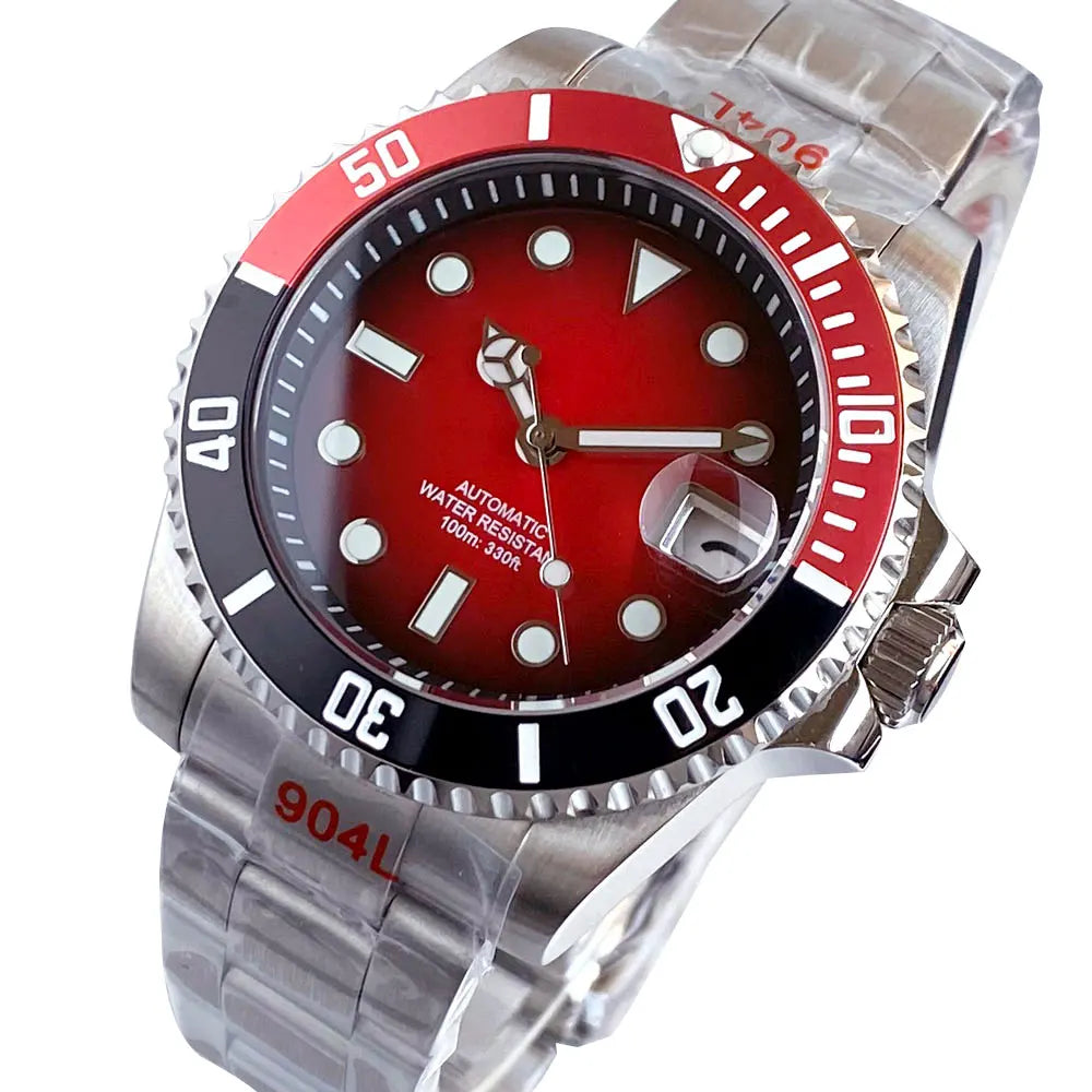 Two Tone Gradient Red Sunburst 100m Waterproof NH35A Automatic Watch Sapphire Crystal Glass Red Black Ceramic Bezel