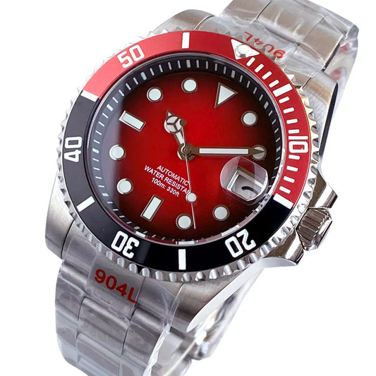 Two Tone Gradient Red Sunburst 100m Waterproof NH35A Automatic Watch Sapphire Crystal Glass Red Black Ceramic Bezel