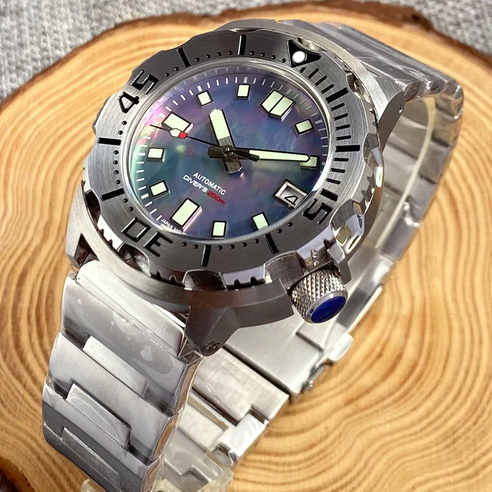 20ATM 42mm Monster Men's Mechanical Watch AR Sapphire Glass Blue/Black Luminous Diver Watch 3.8 O'Clock Steel Strap
