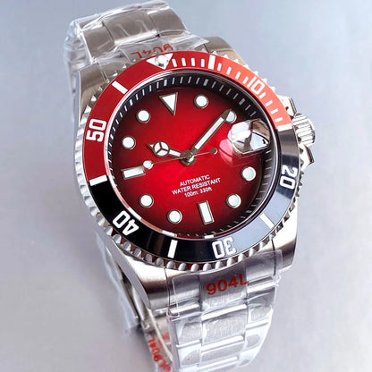 Two Tone Gradient Red Sunburst 100m Waterproof NH35A Automatic Watch Sapphire Crystal Glass Red Black Ceramic Bezel