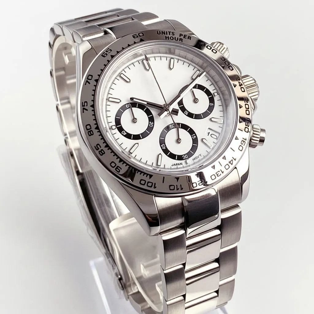 39mm Multi Functional Chronograph VK63 Watch White Bezel Jubilee/Oyster Sliding Buckle