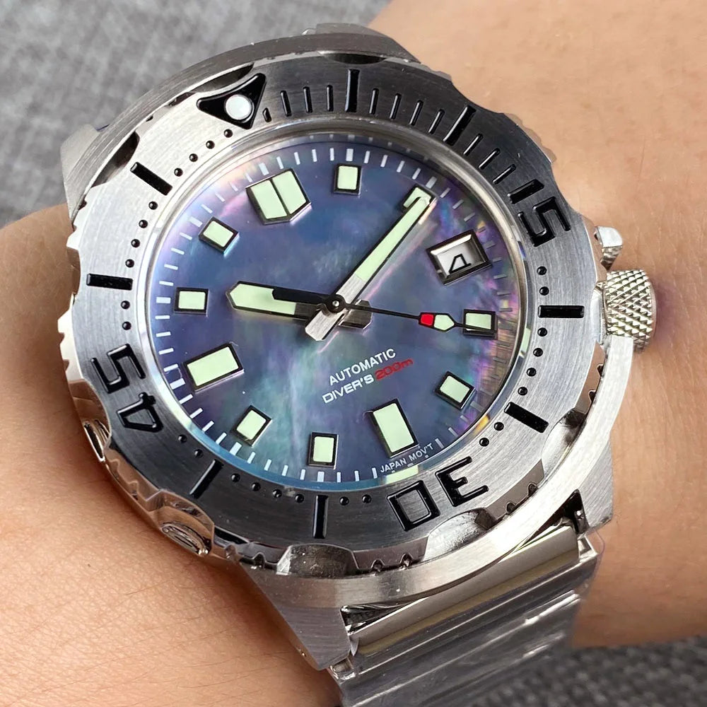 20ATM 42mm Monster Men's Mechanical Watch AR Sapphire Glass Blue/Black Luminous Diver Watch 3.8 O'Clock Steel Strap