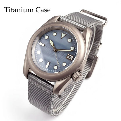 40mm Mop Blue Retro Military Titanium Automatic NH35 Mechanical Watches for Men Sapphire Crystal Glass Lume 3.8 o'clock