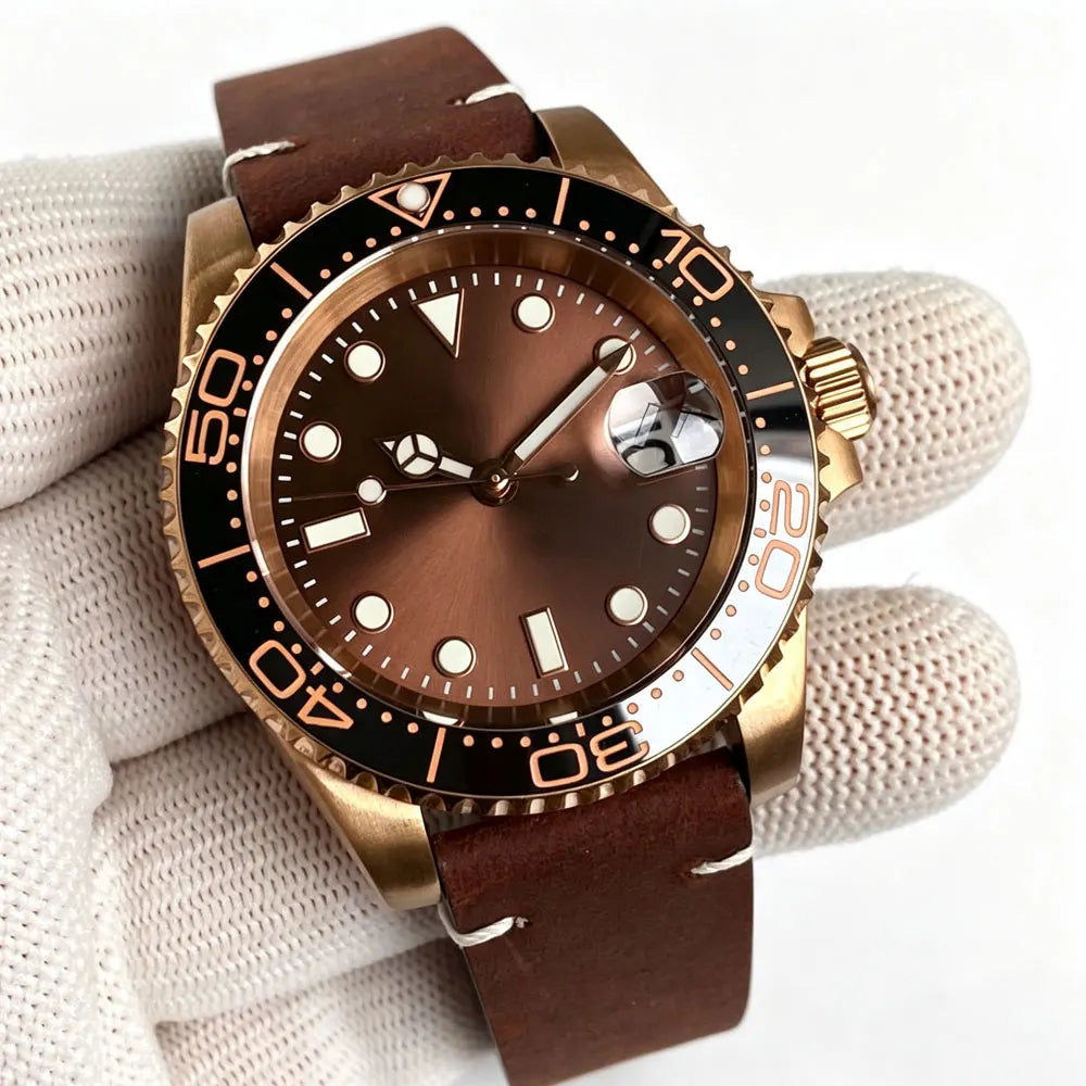 40mm Japan NH35 CuSn8 Bronze Date Automatic Mechanical Retro Men's Watch Sapphire Glass Sunburst Dial Diver Wristwatch