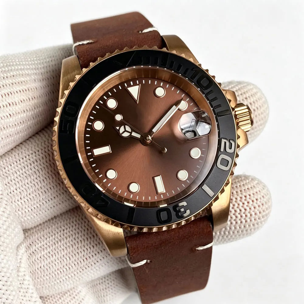 40mm Japan NH35 CuSn8 Bronze Date Automatic Mechanical Retro Men's Watch Sapphire Glass Sunburst Dial Diver Wristwatch