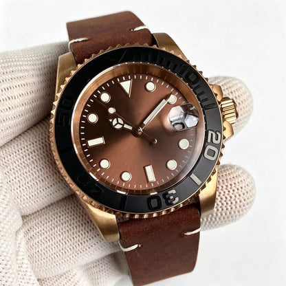 40mm Japan NH35 CuSn8 Bronze Date Automatic Mechanical Retro Men's Watch Sapphire Glass Sunburst Dial Diver Wristwatch