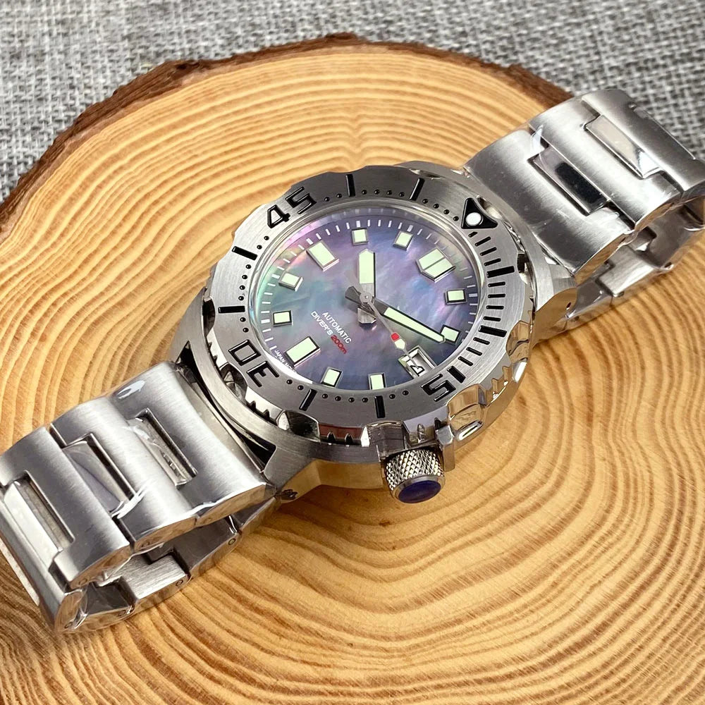 20ATM 42mm Monster Men's Mechanical Watch AR Sapphire Glass Blue/Black Luminous Diver Watch 3.8 O'Clock Steel Strap