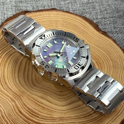 20ATM 42mm Monster Men's Mechanical Watch AR Sapphire Glass Blue/Black Luminous Diver Watch 3.8 O'Clock Steel Strap