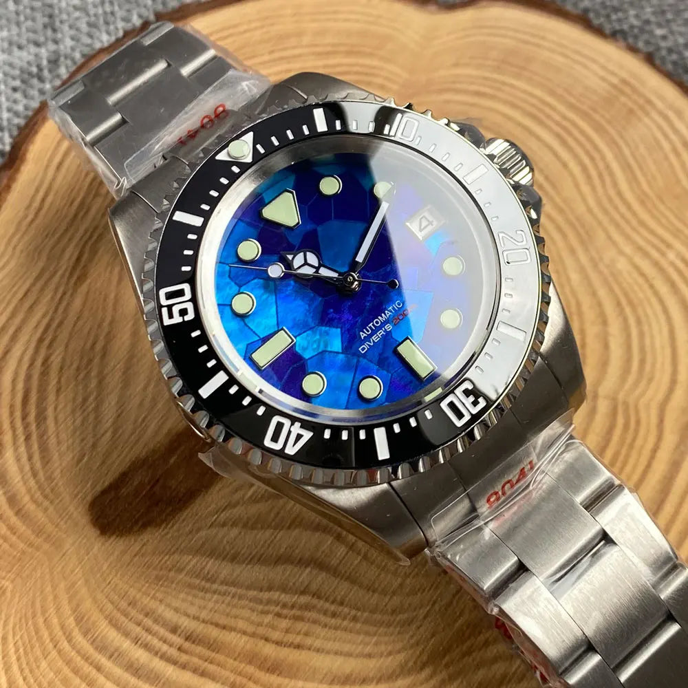 43mm NH35A Automatic Men Watch Blue Mother of Pearl Dial Sapphire Glass Black Ceramic Bezel Insert Titanium Caseback