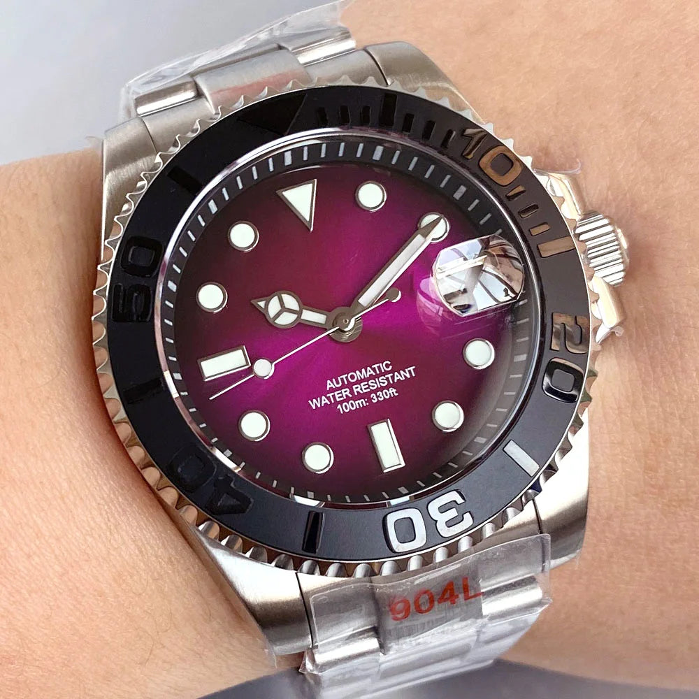 Two Tone Gradient Red Sunburst 100m Waterproof NH35A Automatic Watch Sapphire Crystal Glass Red Black Ceramic Bezel