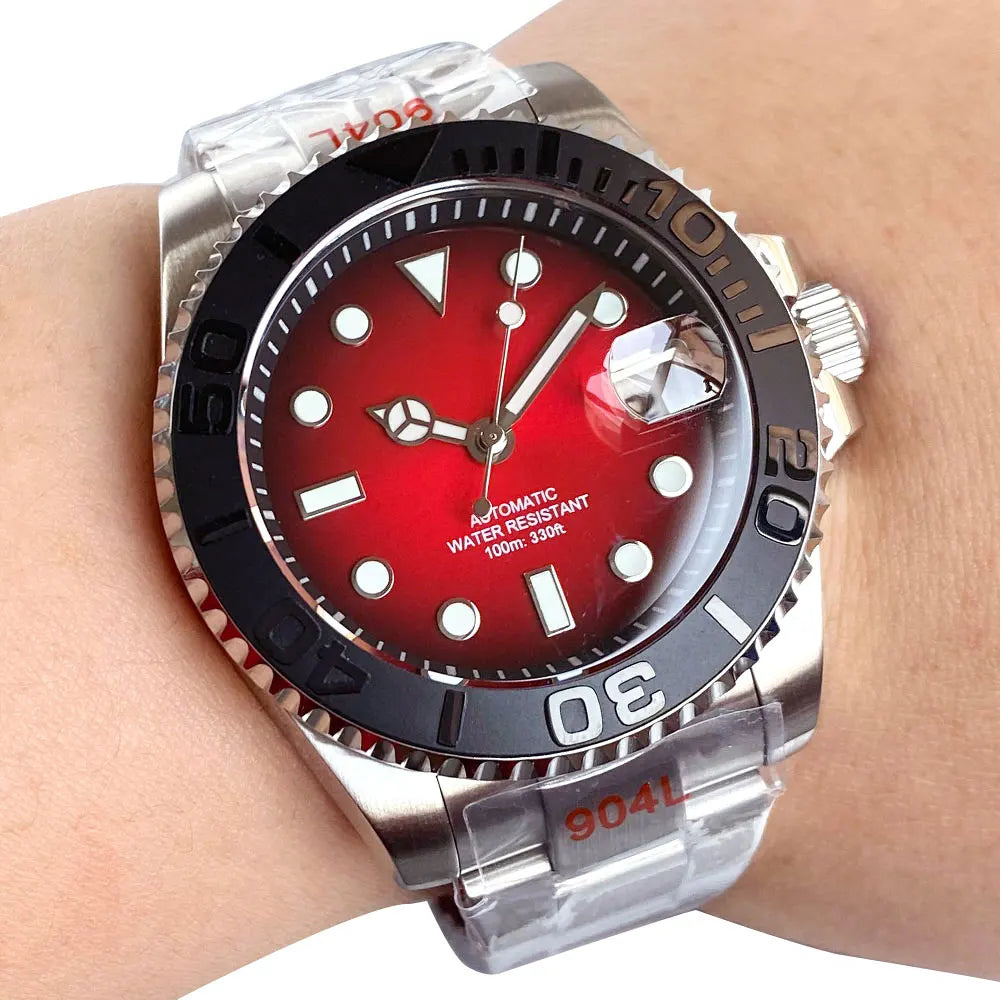 Two Tone Gradient Red Sunburst 100m Waterproof NH35A Automatic Watch Sapphire Crystal Glass Red Black Ceramic Bezel
