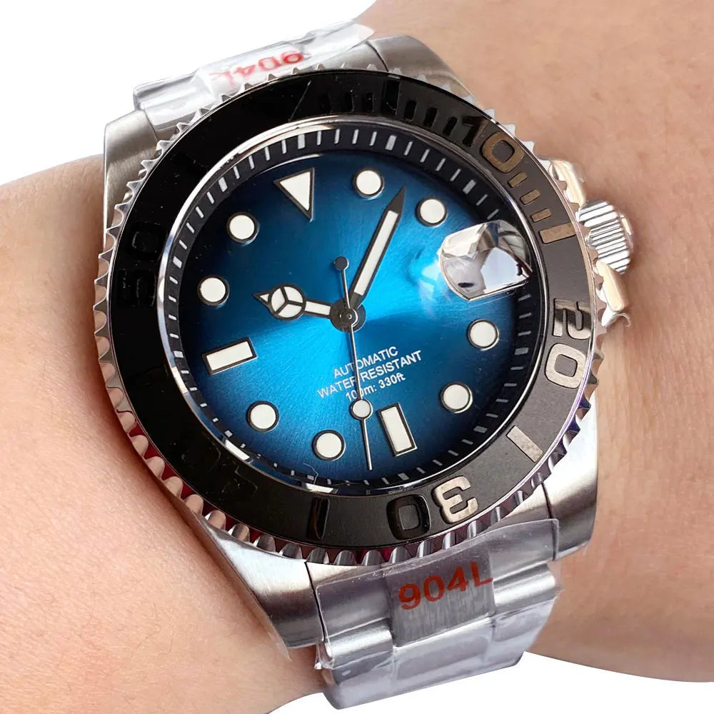 Two Tone Gradient Red Sunburst 100m Waterproof NH35A Automatic Watch Sapphire Crystal Glass Red Black Ceramic Bezel