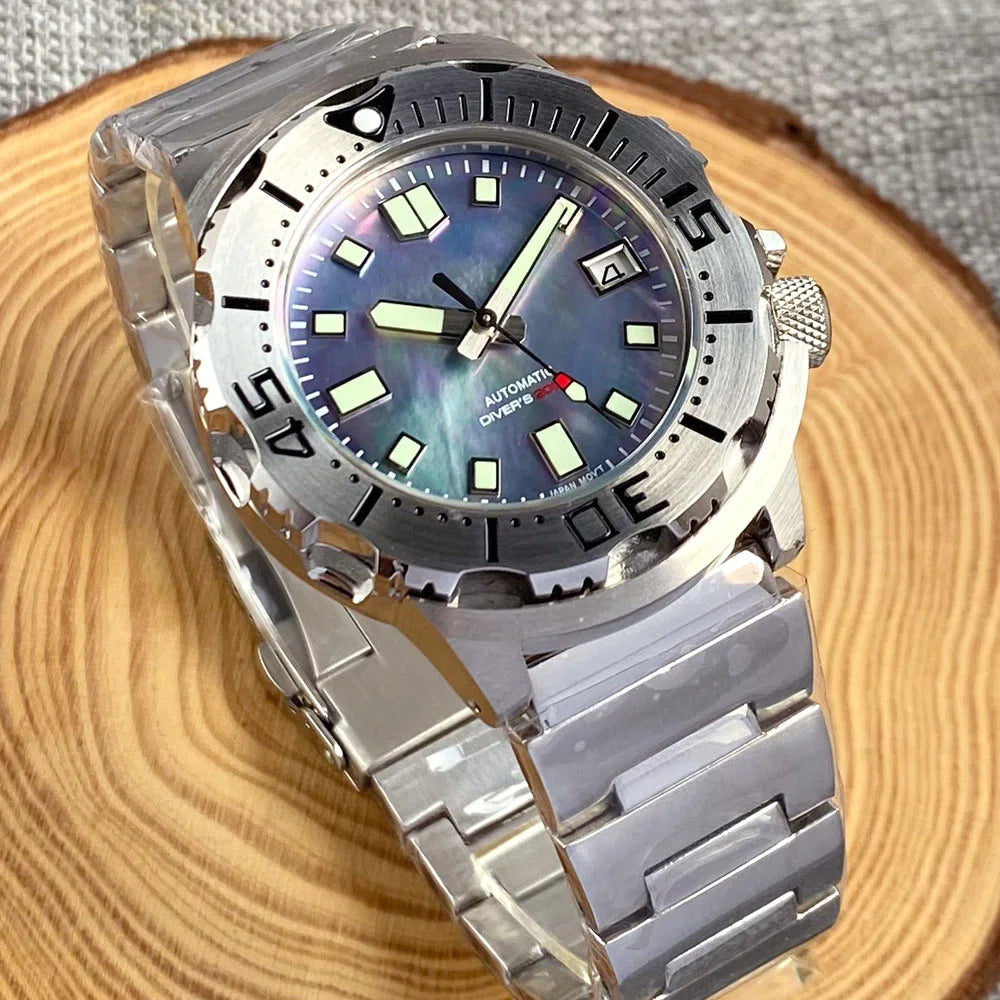 20ATM 42mm Monster Men's Mechanical Watch AR Sapphire Glass Blue/Black Luminous Diver Watch 3.8 O'Clock Steel Strap