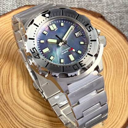 20ATM 42mm Monster Men's Mechanical Watch AR Sapphire Glass Blue/Black Luminous Diver Watch 3.8 O'Clock Steel Strap