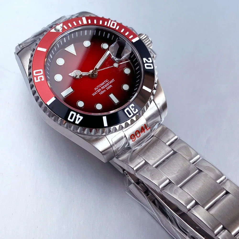 Two Tone Gradient Red Sunburst 100m Waterproof NH35A Automatic Watch Sapphire Crystal Glass Red Black Ceramic Bezel