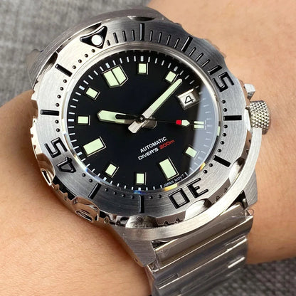 20ATM 42mm Monster Men's Mechanical Watch AR Sapphire Glass Blue/Black Luminous Diver Watch 3.8 O'Clock Steel Strap