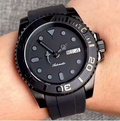 Black on Black Shark, SUB Dive, NH36A Movement, Sapphire Crystal,200m Waterproof, Curved Silicone Band