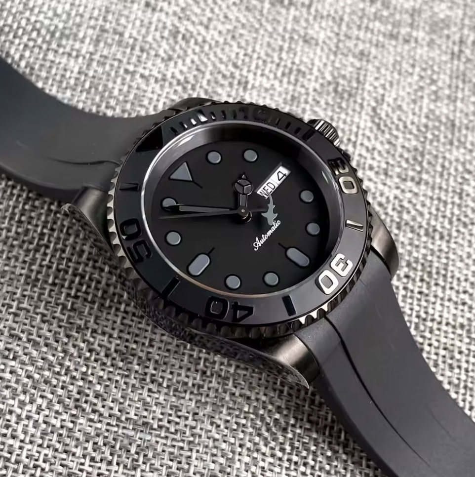 Black on Black Shark, SUB Dive, NH36A Movement, Sapphire Crystal,200m Waterproof, Curved Silicone Band