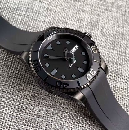 Black on Black Shark, SUB Dive, NH36A Movement, Sapphire Crystal,200m Waterproof, Curved Silicone Band