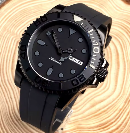 Black on Black Shark, SUB Dive, NH36A Movement, Sapphire Crystal,200m Waterproof, Curved Silicone Band