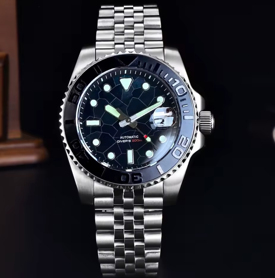 Black Fractal Dial, SUB 40mm case,  200m Water Resistance, Automatic Japan NH35 Movement, Sapphire Crystal, Ceramic Bezel Insert, Stainless Steel, 120 Click Bezel