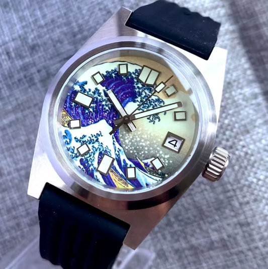 Blue & Blue, Stainless Steel Diver, "The Great Wave off Kanagawa", 200m Water Resistant, Seiko NH35 Automatic Movement,  38mm Case, Sapphire Crystal