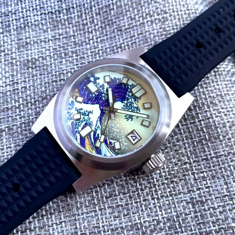 Blue & Blue, Stainless Steel Diver, "The Great Wave off Kanagawa", 200m Water Resistant, Seiko NH35 Automatic Movement,  38mm Case, Sapphire Crystal