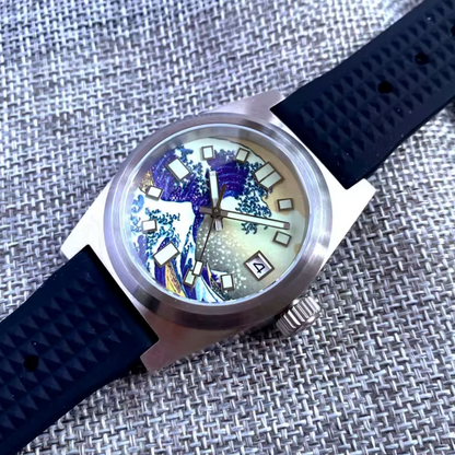 Blue & Blue, Stainless Steel Diver, "The Great Wave off Kanagawa", 200m Water Resistant, Seiko NH35 Automatic Movement,  38mm Case, Sapphire Crystal