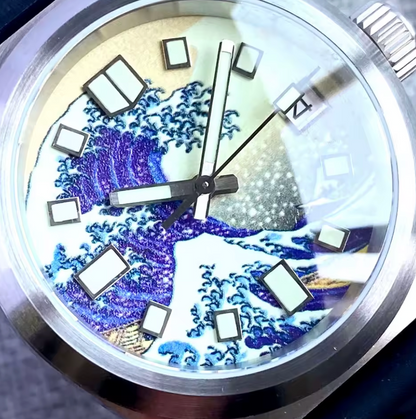 Blue & Blue, Stainless Steel Diver, "The Great Wave off Kanagawa", 200m Water Resistant, Seiko NH35 Automatic Movement,  38mm Case, Sapphire Crystal