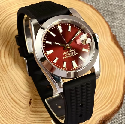Ruby Red Dive Watch, 38mm Sunburst Dial, AR Domed Sapphire, NH35A Auto Movement, 200m Water Resist, 316L Brushed Case