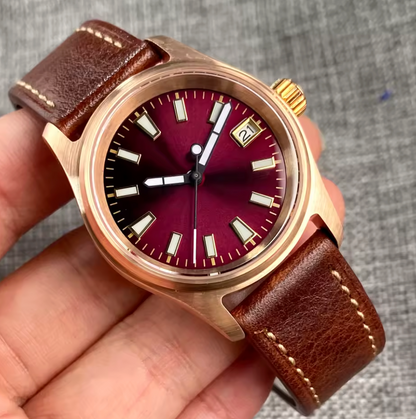 Real Bronze Case, NH35 Automatic Movement, Leather Strap, 36mm Case Size, Sapphire Crystal, 200m Water Resistance