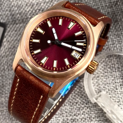Real Bronze Case, NH35 Automatic Movement, Leather Strap, 36mm Case Size, Sapphire Crystal, 200m Water Resistance