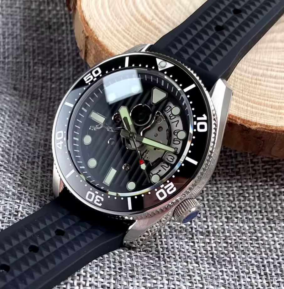 Skeleton Date Wheel, Seiko NH35 Movement, Black Waffle Band, 42.5mm Case, 200m Water Resistance, Sapphire Crystal