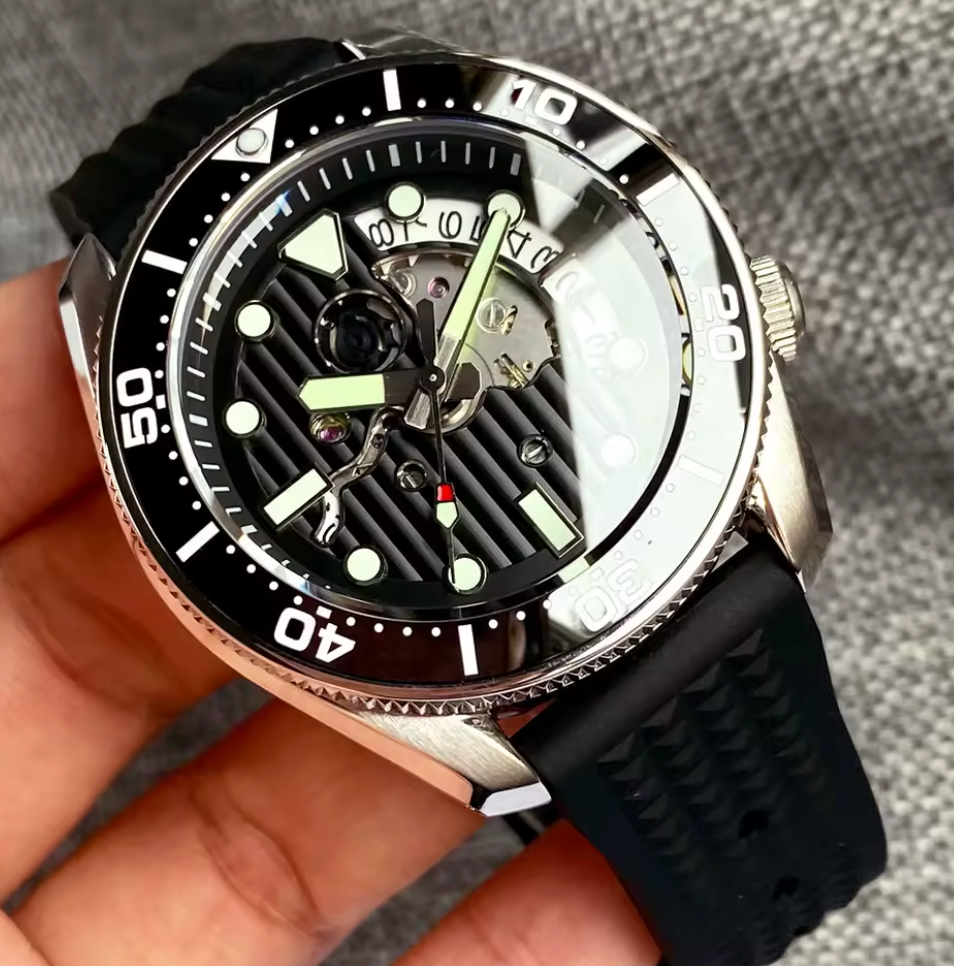 Skeleton Date Wheel, Seiko NH35 Movement, Black Waffle Band, 42.5mm Case, 200m Water Resistance, Sapphire Crystal