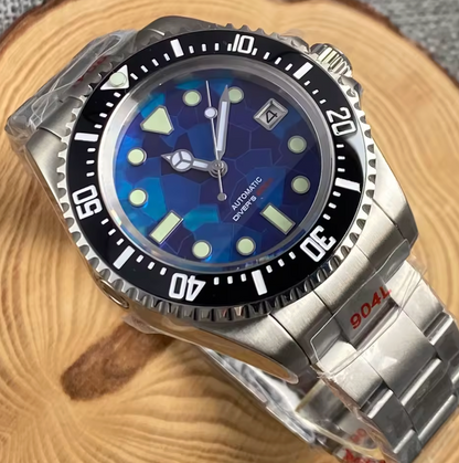 Blue Fractal Dial, SUB 40mm case, 200m Water Resistance, Automatic Japan NH35 Movement, Sapphire Crystal, Ceramic Bezel Insert, Stainless Steel, 120 Click Bezel