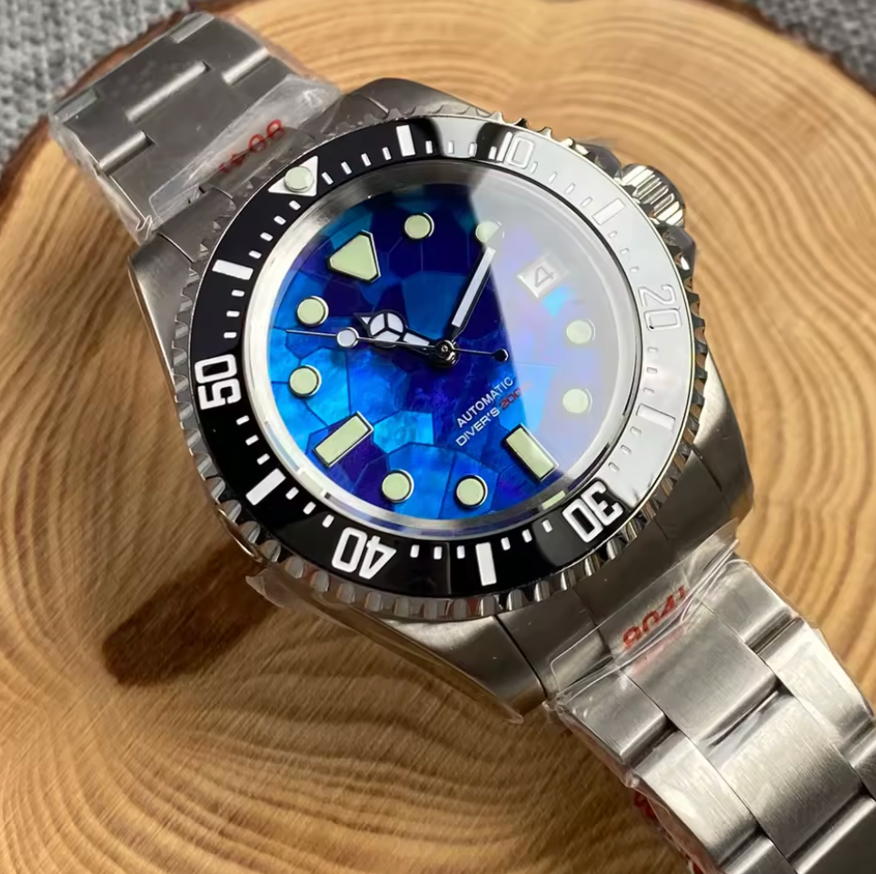Blue Fractal Dial, SUB 40mm case, 200m Water Resistance, Automatic Japan NH35 Movement, Sapphire Crystal, Ceramic Bezel Insert, Stainless Steel, 120 Click Bezel