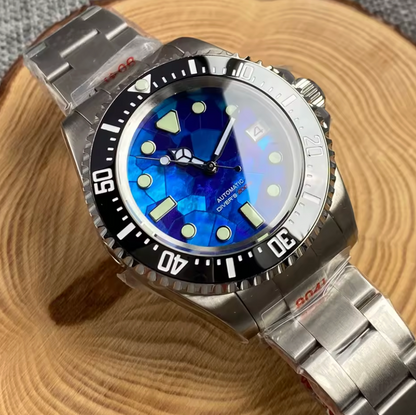 Blue Fractal Dial, SUB 40mm case, 200m Water Resistance, Automatic Japan NH35 Movement, Sapphire Crystal, Ceramic Bezel Insert, Stainless Steel, 120 Click Bezel
