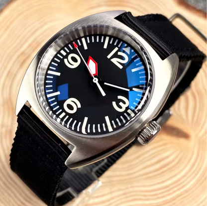 Domed Sapphire Glass, NH35 Automatic Movement,  Red Arrow Hands, 200m Water Resistant, Stainless Steel, 36mm Case