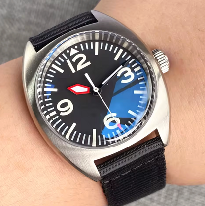 Domed Sapphire Glass, NH35 Automatic Movement,  Red Arrow Hands, 200m Water Resistant, Stainless Steel, 36mm Case
