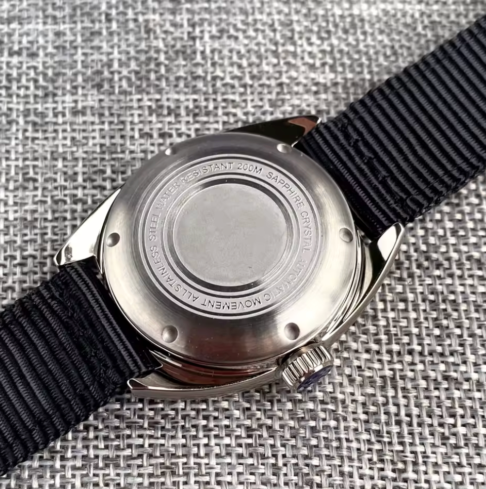 Domed Sapphire Glass, NH35 Automatic Movement,  Red Arrow Hands, 200m Water Resistant, Stainless Steel, 36mm Case