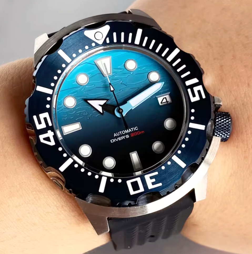 Blue Dial Monster, Automatic NH35A Movement, 120 Click Bezel, 3.8 Crown, Waffle Band, 200m Water Resistant, Sapphire Crystal,