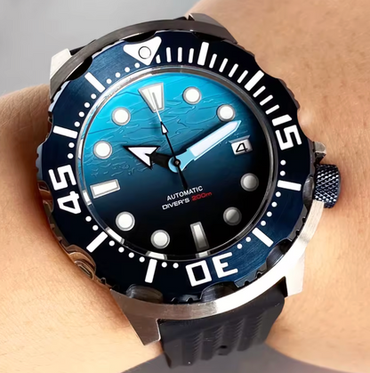 Blue Dial Monster, Automatic NH35A Movement, 120 Click Bezel, 3.8 Crown, Waffle Band, 200m Water Resistant, Sapphire Crystal,