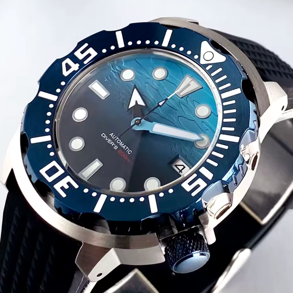 Blue Dial Monster, Automatic NH35A Movement, 120 Click Bezel, 3.8 Crown, Waffle Band, 200m Water Resistant, Sapphire Crystal,