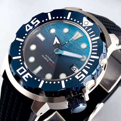 Blue Dial Monster, Automatic NH35A Movement, 120 Click Bezel, 3.8 Crown, Waffle Band, 200m Water Resistant, Sapphire Crystal,