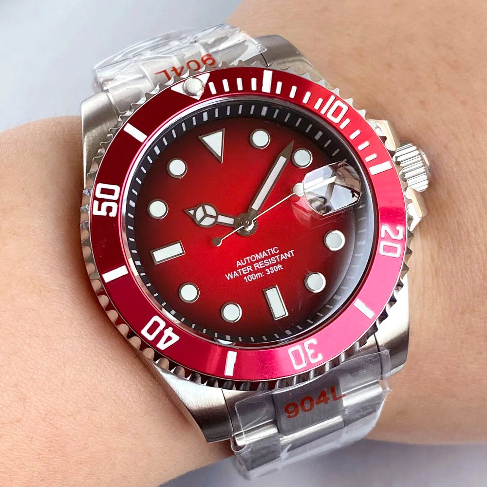 Two Tone Gradient Red Sunburst 100m Waterproof NH35A Automatic Watch Sapphire Crystal Glass Red Black Ceramic Bezel