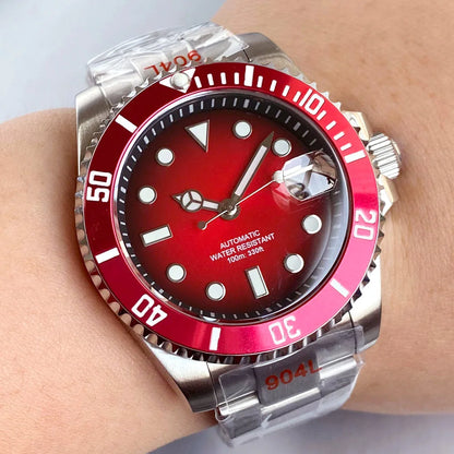 Two Tone Gradient Red Sunburst 100m Waterproof NH35A Automatic Watch Sapphire Crystal Glass Red Black Ceramic Bezel