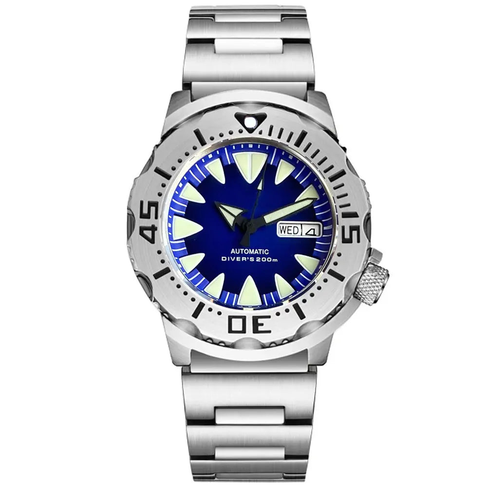 20ATM 42mm Monster Men's Mechanical Watch AR Sapphire Glass Blue/Black Luminous Diver Watch 3.8 O'Clock Steel Strap