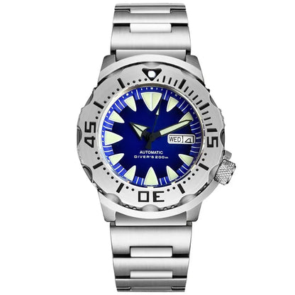 20ATM 42mm Monster Men's Mechanical Watch AR Sapphire Glass Blue/Black Luminous Diver Watch 3.8 O'Clock Steel Strap